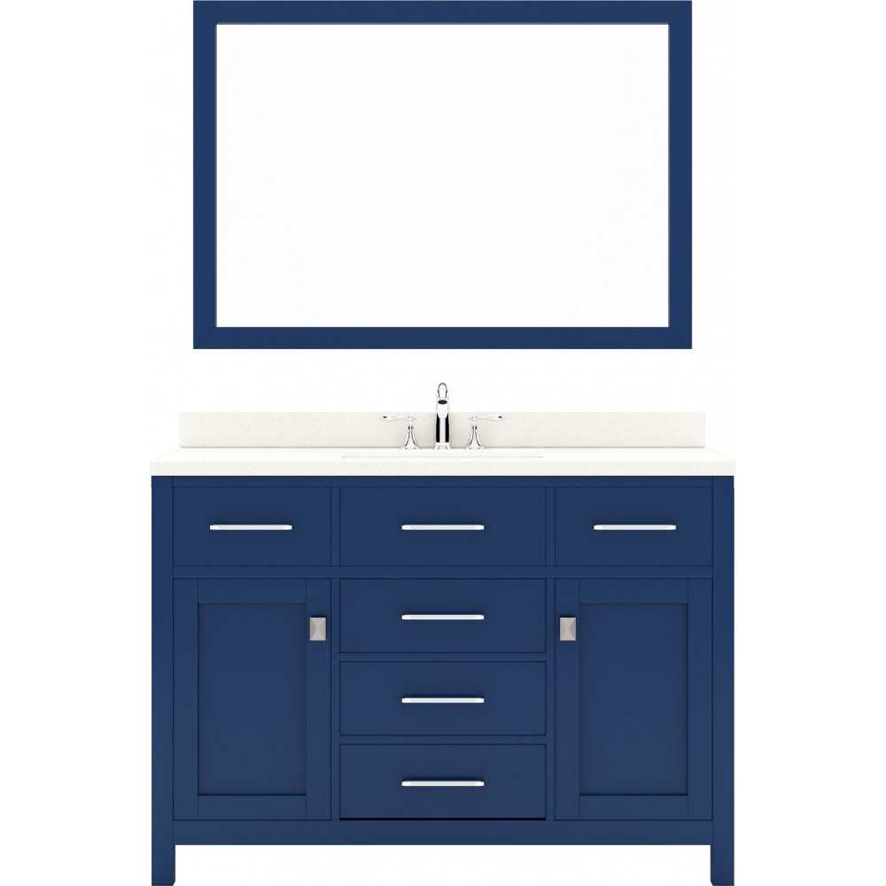 Caroline 48" Single Bath Vanity in French Blue with White Quartz Top and Round Sink with Polished Chrome Faucet and Mirror