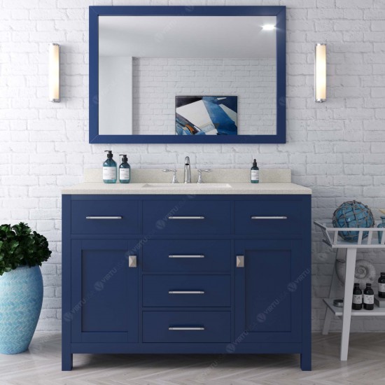 Caroline 48" Single Bath Vanity in French Blue with White Quartz Top and Round Sink with Polished Chrome Faucet and Mirror