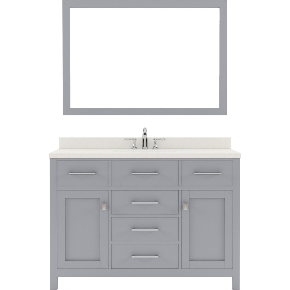 Caroline 48" Single Bath Vanity in Gray with White Quartz Top and Round Sink with Brushed Nickel Faucet and Matching Mirror