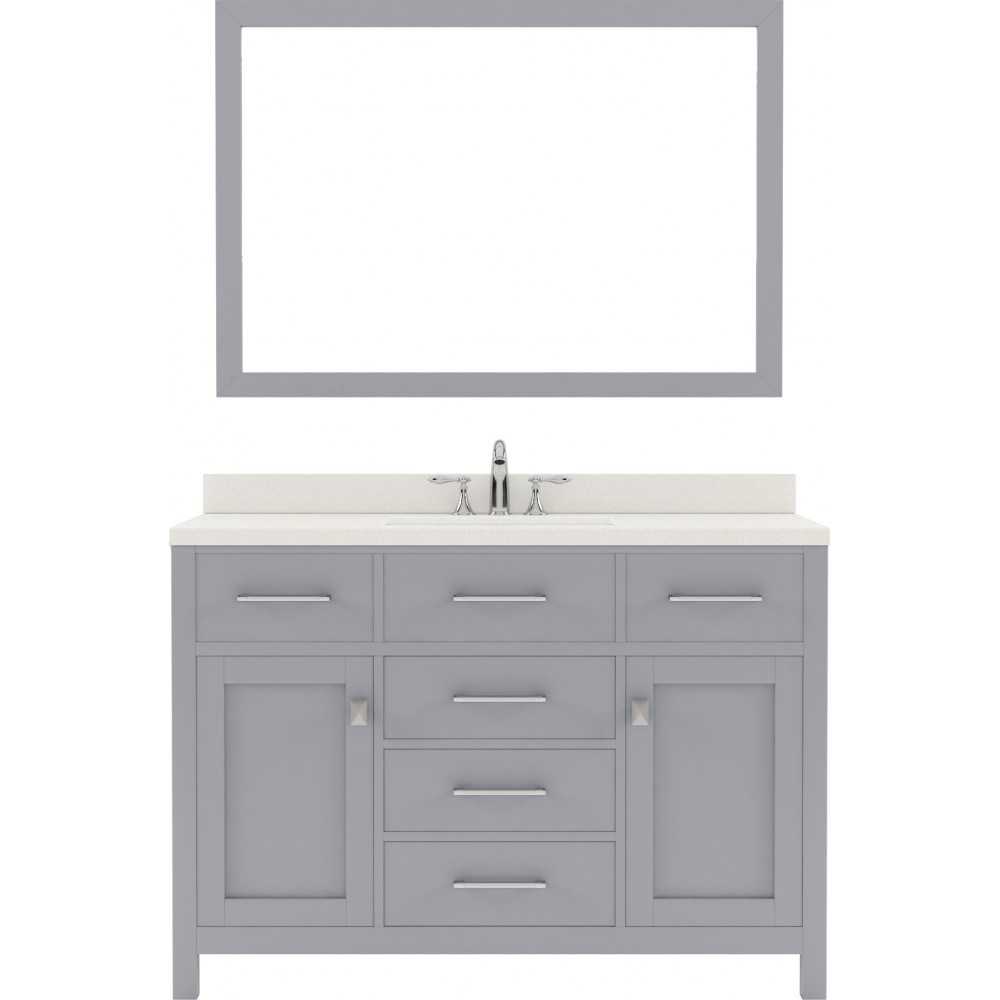 Caroline 48" Single Bath Vanity in Gray with White Quartz Top and Round Sink with Polished Chrome Faucet and Matching Mirror