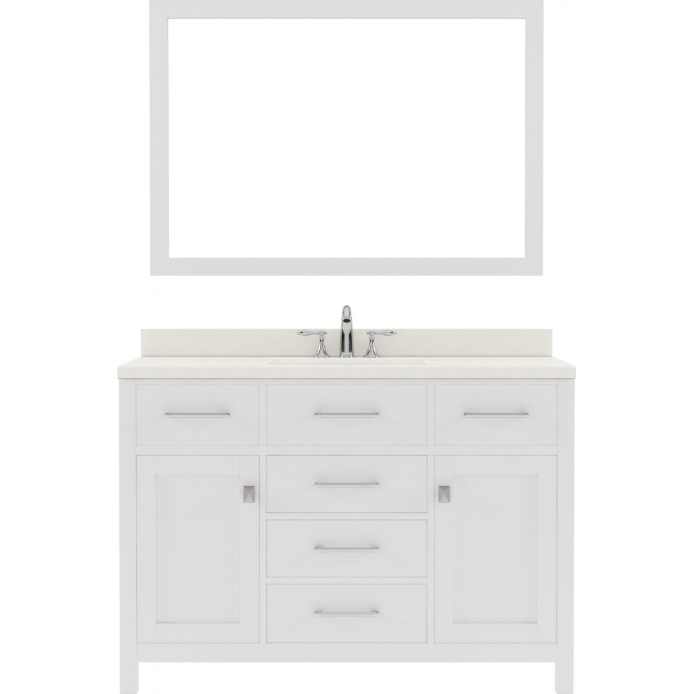 Caroline 48" Single Bath Vanity in White with White Quartz Top and Round Sink and Matching Mirror