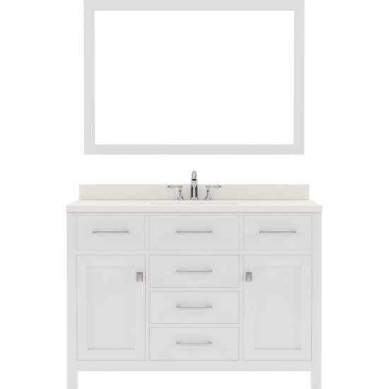 Caroline 48" Single Bath Vanity in White with White Quartz Top and Round Sink with Polished Chrome Faucet and Matching Mirror