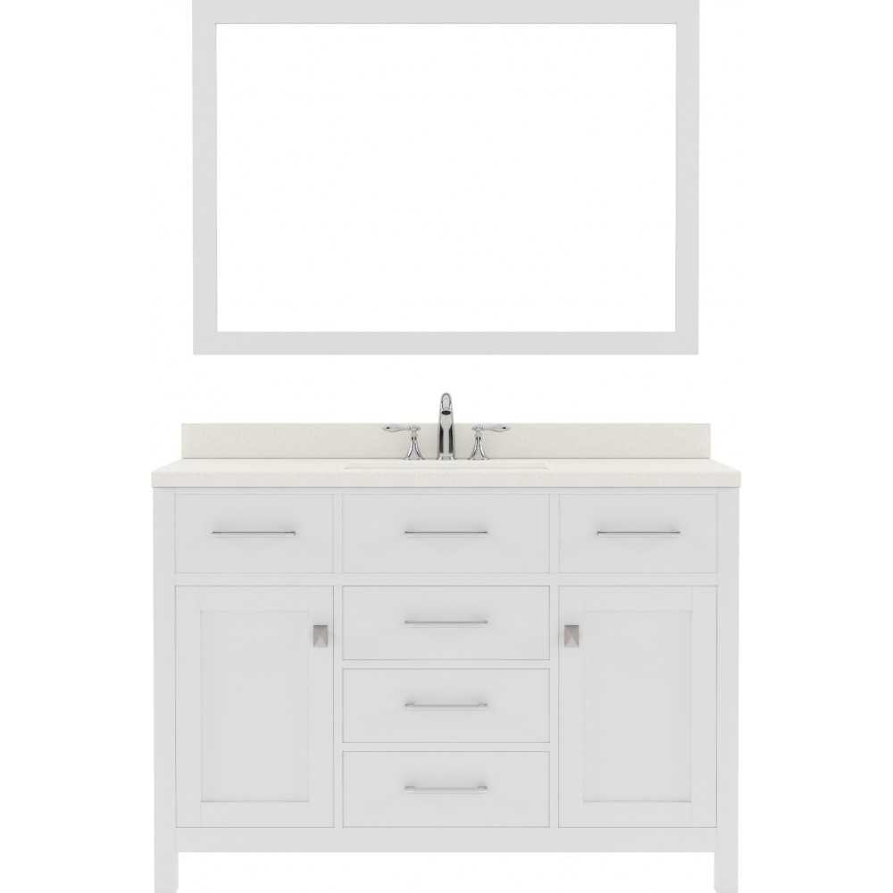 Caroline 48" Single Bath Vanity in White with White Quartz Top and Round Sink with Polished Chrome Faucet and Matching Mirror