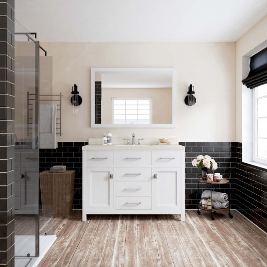 Caroline 48" Single Bath Vanity in White with White Quartz Top and Round Sink with Polished Chrome Faucet and Matching Mirror