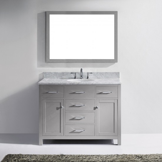 Caroline 48" Single Bath Vanity in Cashmere Gray with White Marble Top and Round Sink and Matching Mirror