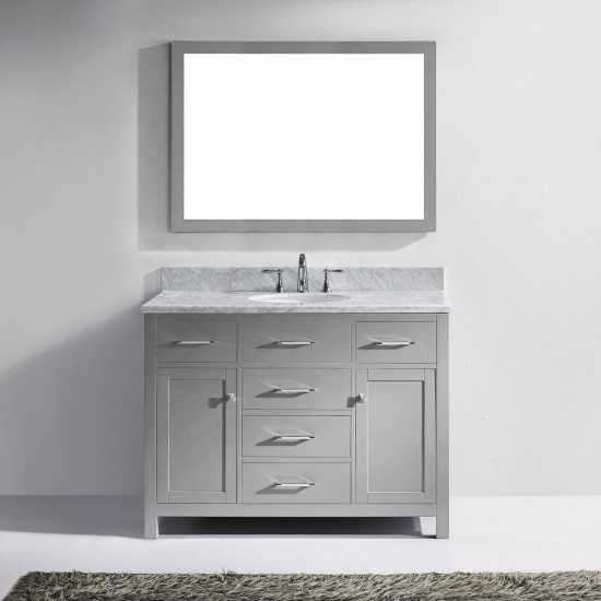 Caroline 48" Single Bath Vanity in Cashmere Gray with White Marble Top and Round Sink with Brushed Nickel Faucet and Mirror