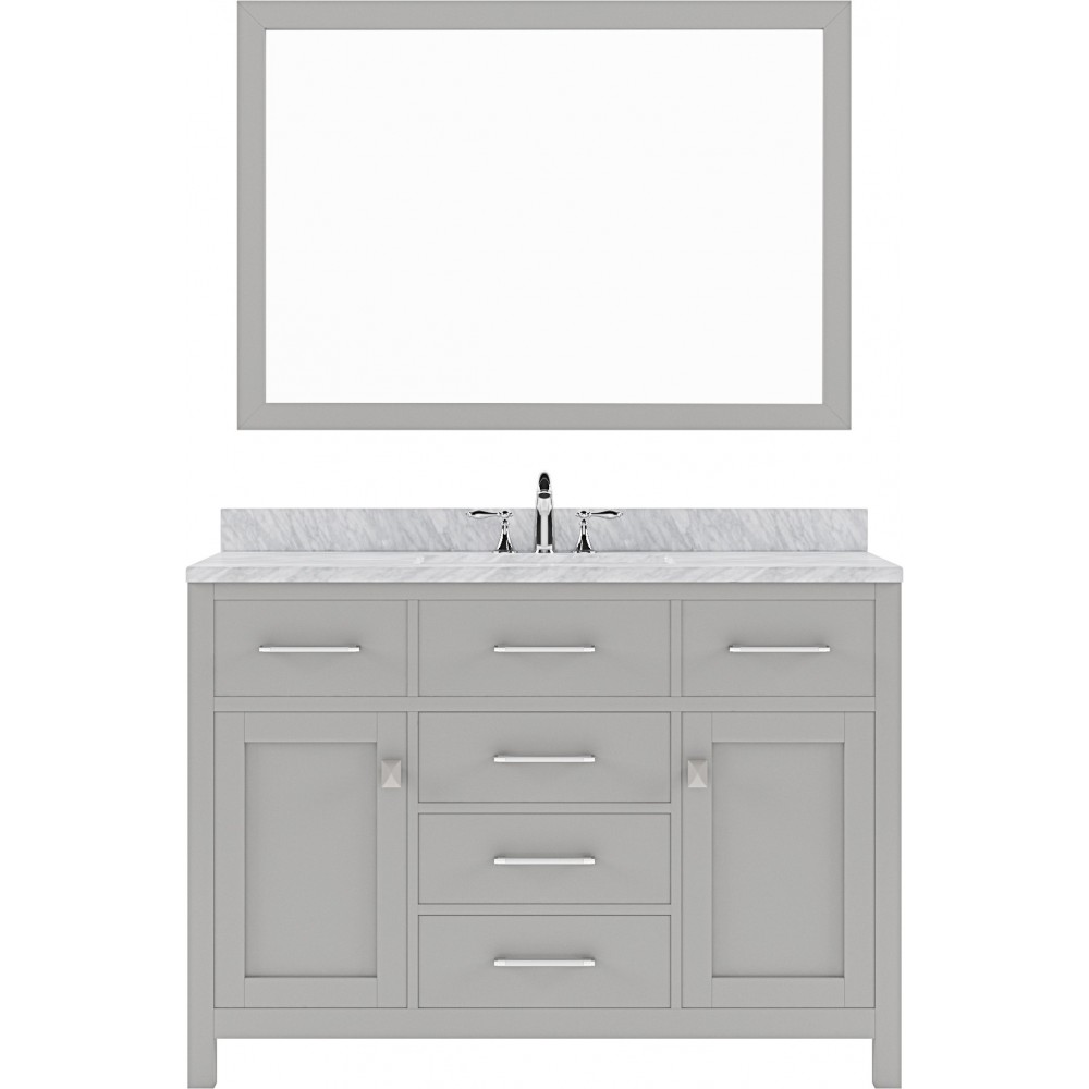 Caroline 48" Single Bath Vanity in Cashmere Gray with White Marble Top and Round Sink with Polished Chrome Faucet and Mirror