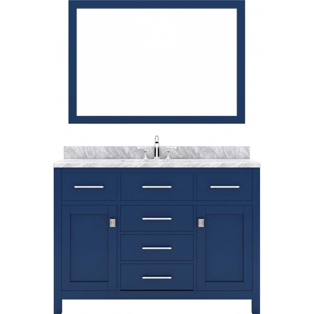 Caroline 48" Single Bath Vanity in French Blue with White Marble Top and Round Sink and Matching Mirror