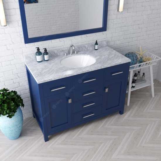 Caroline 48" Single Bath Vanity in French Blue with White Marble Top and Round Sink and Matching Mirror