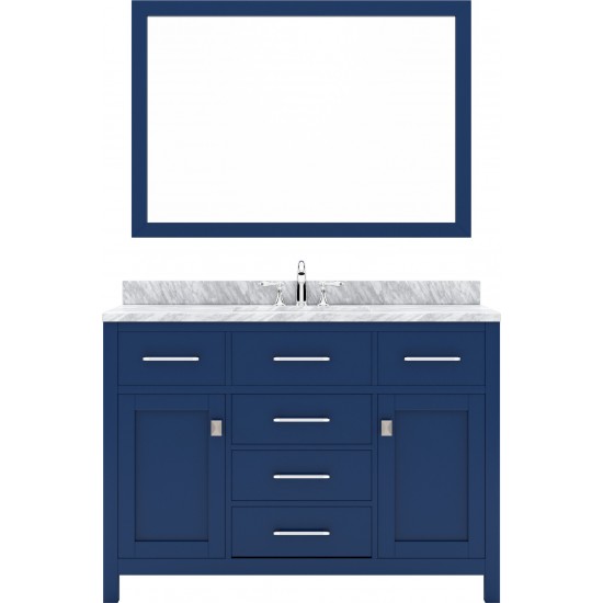 Caroline 48" Single Bath Vanity in French Blue with White Marble Top and Round Sink with Polished Chrome Faucet and Mirror