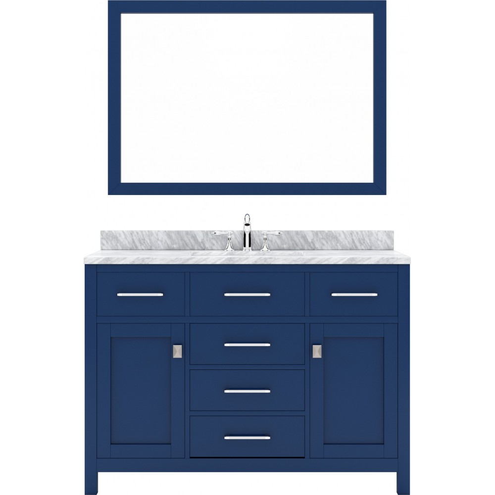 Caroline 48" Single Bath Vanity in French Blue with White Marble Top and Round Sink with Polished Chrome Faucet and Mirror