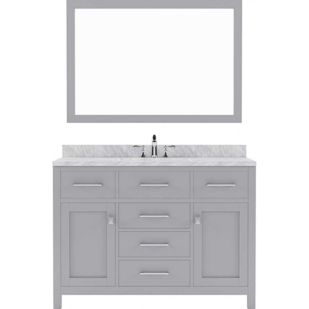 Caroline 48" Single Bath Vanity in Gray with White Marble Top and Round Sink with Brushed Nickel Faucet and Matching Mirror