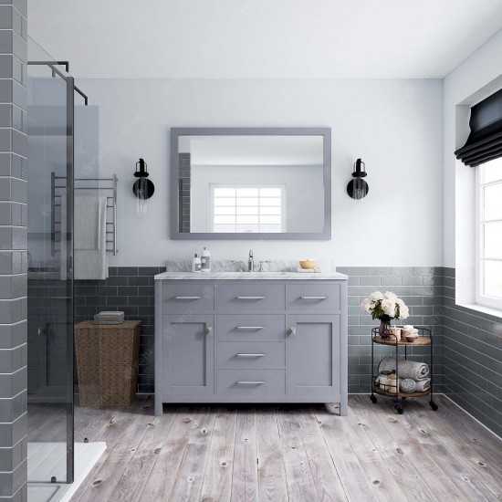 Caroline 48" Single Bath Vanity in Gray with White Marble Top and Round Sink with Brushed Nickel Faucet and Matching Mirror