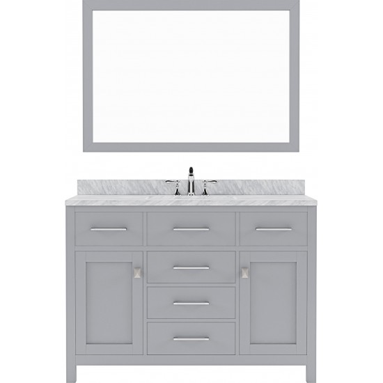 Caroline 48" Single Bath Vanity in Gray with White Marble Top and Round Sink with Polished Chrome Faucet and Matching Mirror