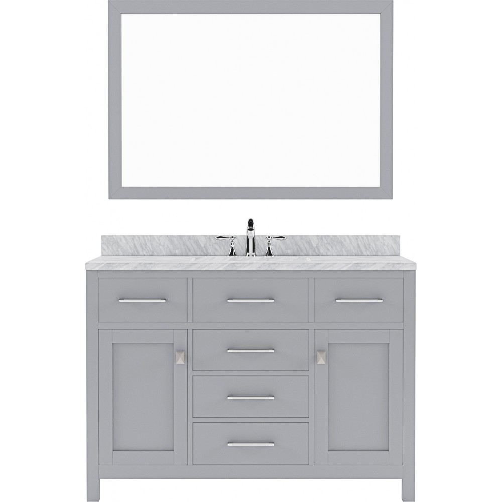 Caroline 48" Single Bath Vanity in Gray with White Marble Top and Round Sink with Polished Chrome Faucet and Matching Mirror