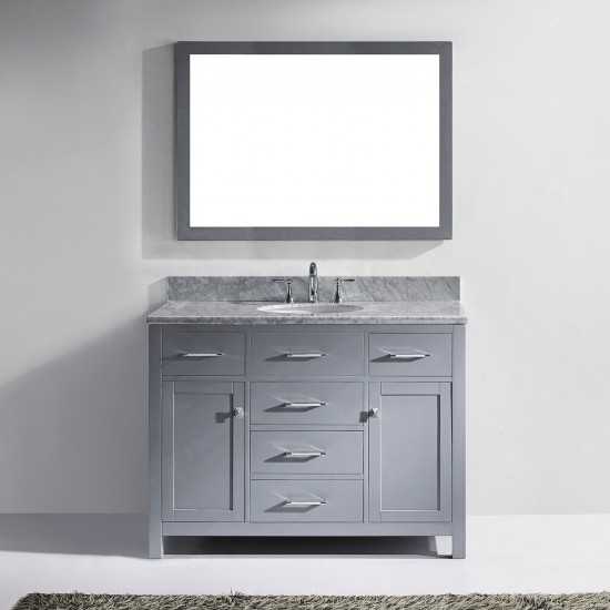 Caroline 48" Single Bath Vanity in Gray with White Marble Top and Round Sink with Polished Chrome Faucet and Matching Mirror