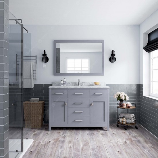 Caroline 48" Single Bath Vanity in Gray with White Marble Top and Round Sink with Polished Chrome Faucet and Matching Mirror