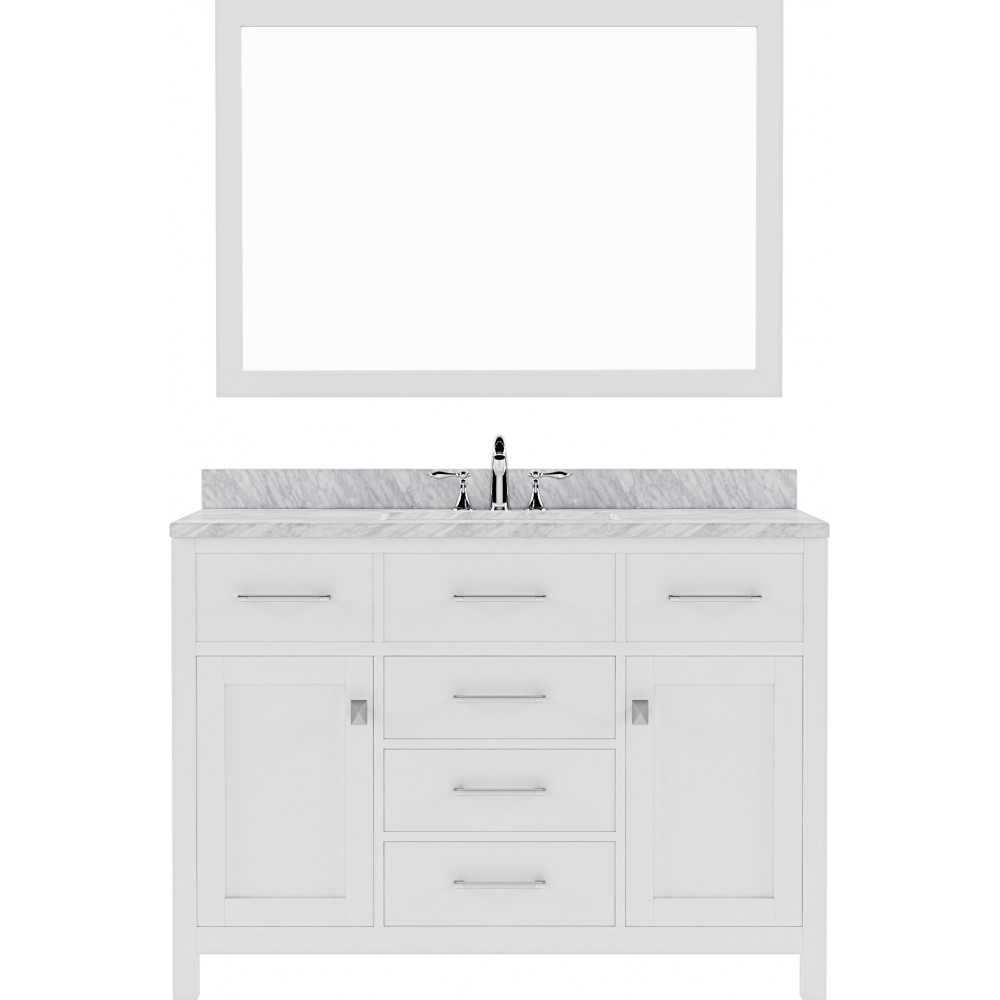 Caroline 48" Single Bath Vanity in White with White Marble Top and Round Sink and Matching Mirror