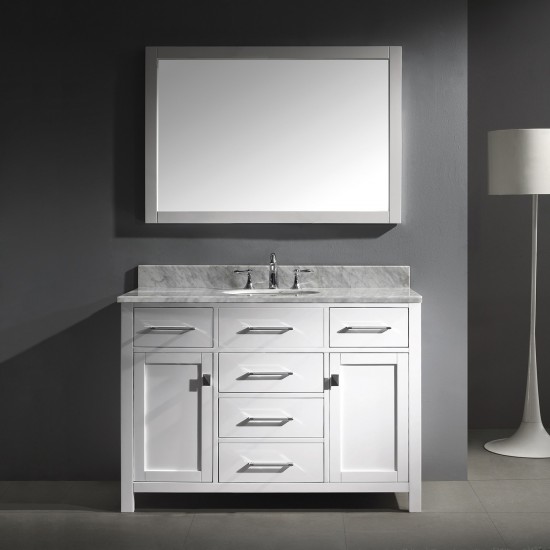 Caroline 48" Single Bath Vanity in White with White Marble Top and Round Sink and Matching Mirror