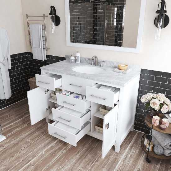 Caroline 48" Single Bath Vanity in White with White Marble Top and Round Sink and Matching Mirror