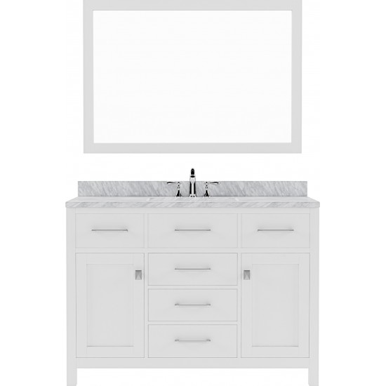 Caroline 48" Single Bath Vanity in White with White Marble Top and Round Sink with Brushed Nickel Faucet and Matching Mirror