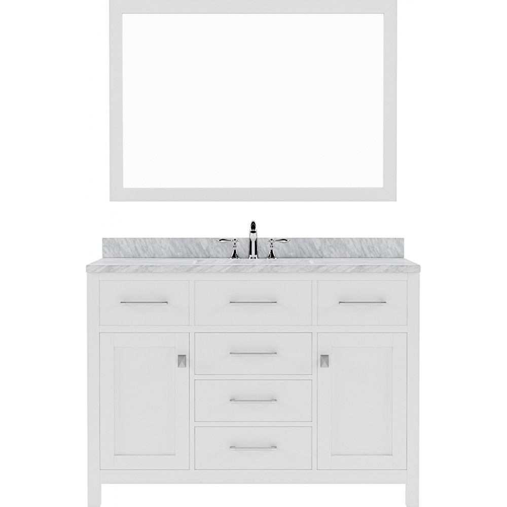 Caroline 48" Single Bath Vanity in White with White Marble Top and Round Sink with Brushed Nickel Faucet and Matching Mirror