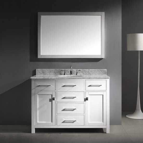 Caroline 48" Single Bath Vanity in White with White Marble Top and Round Sink with Brushed Nickel Faucet and Matching Mirror