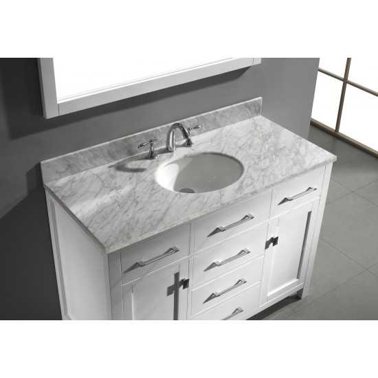 Caroline 48" Single Bath Vanity in White with White Marble Top and Round Sink with Brushed Nickel Faucet and Matching Mirror