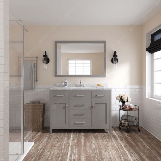 Caroline 48" Single Bath Vanity in Cashmere Gray with White Marble Top and Square Sink and Matching Mirror