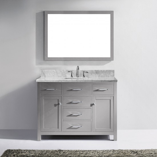 Caroline 48" Single Bath Vanity in Cashmere Gray with White Marble Top and Square Sink with Brushed Nickel Faucet and Mirror