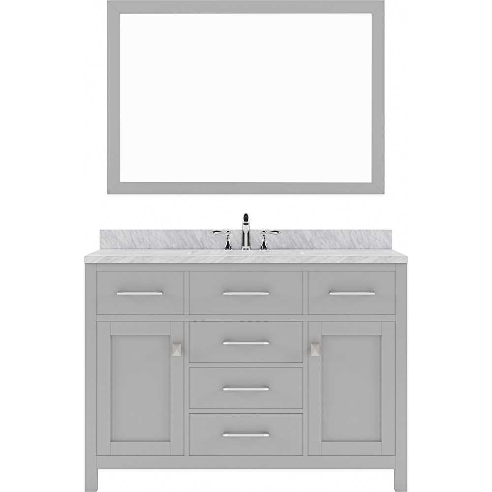 Caroline 48" Single Bath Vanity in Cashmere Gray with White Marble Top and Square Sink with Polished Chrome Faucet and Mirror