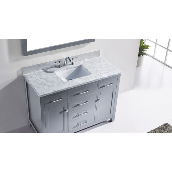 Caroline 48" Single Bath Vanity in Gray with White Marble Top and Square Sink and Matching Mirror