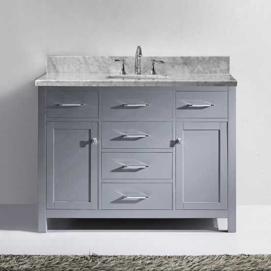 Caroline 48" Single Bath Vanity in Gray with White Marble Top and Square Sink with Brushed Nickel Faucet