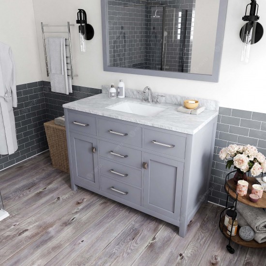 Caroline 48" Single Bath Vanity in Gray with White Marble Top and Square Sink with Polished Chrome Faucet and Matching Mirror