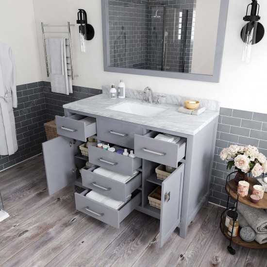 Caroline 48" Single Bath Vanity in Gray with White Marble Top and Square Sink with Polished Chrome Faucet and Matching Mirror