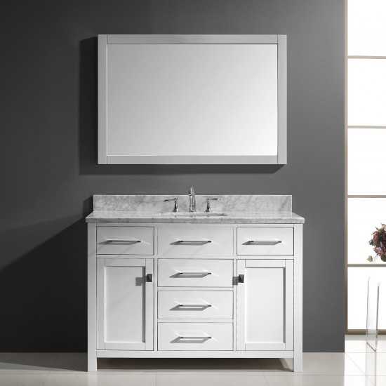 Caroline 48" Single Bath Vanity in White with White Marble Top and Square Sink with Brushed Nickel Faucet and Matching Mirror