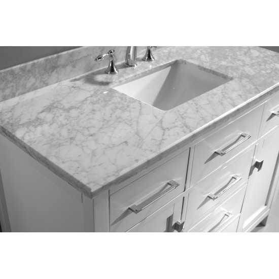 Caroline 48" Single Bath Vanity in White with White Marble Top and Square Sink with Brushed Nickel Faucet and Matching Mirror