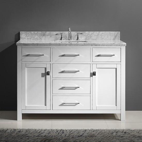 Caroline 48" Single Bath Vanity in White with White Marble Top and Square Sink with Brushed Nickel Faucet