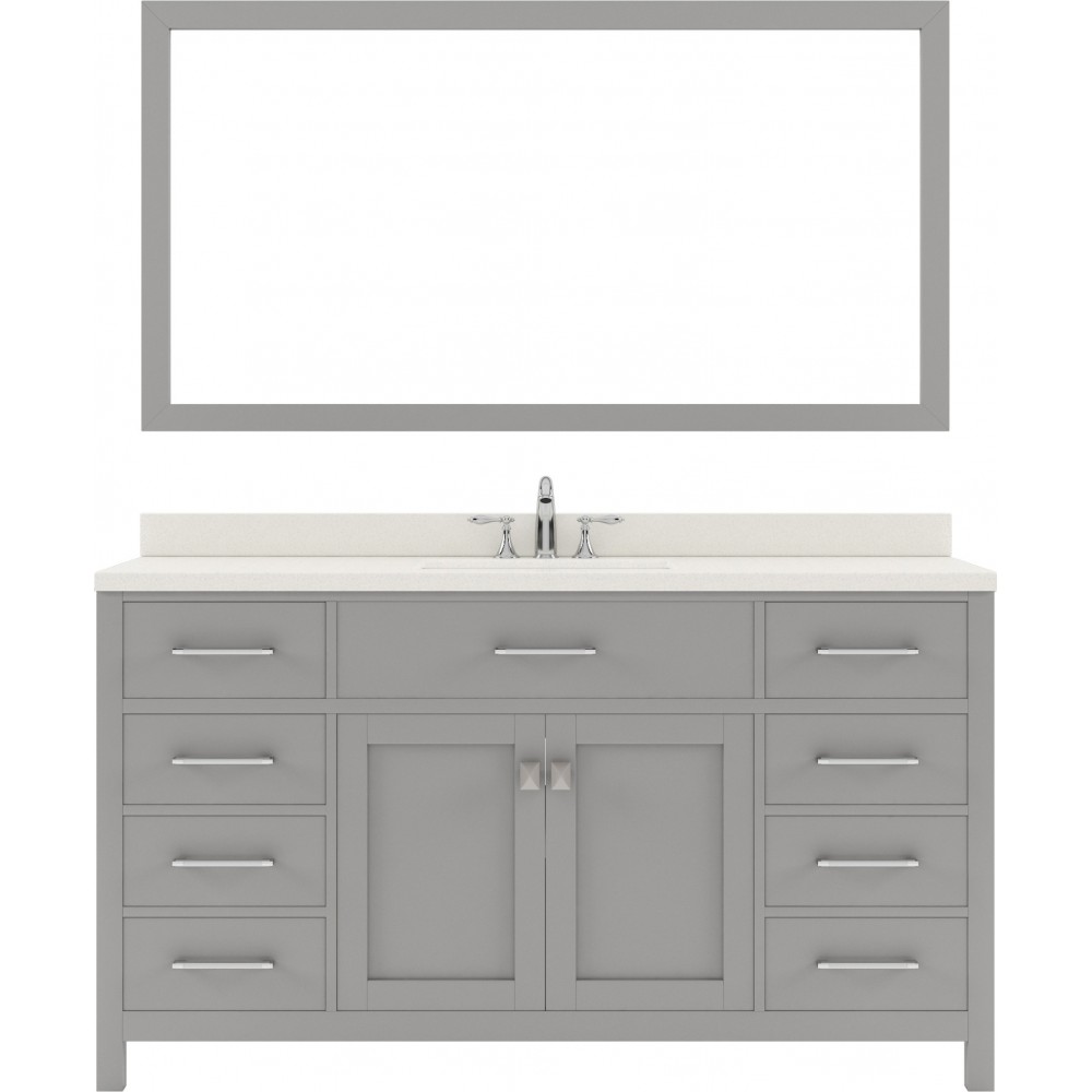 Caroline 60" Single Bath Vanity in Cashmere Gray with White Quartz Top and Round Sink with Polished Chrome Faucet and Mirror