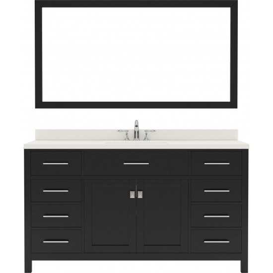 Caroline 60" Single Bath Vanity in Espresso with White Quartz Top and Round Sink and Matching Mirror