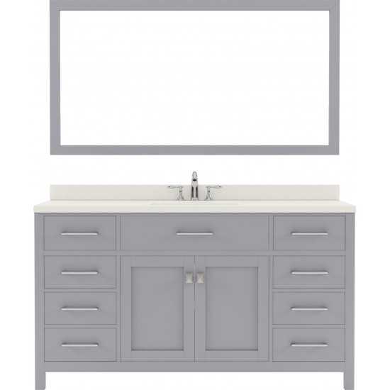 Caroline 60" Single Bath Vanity in Gray with White Quartz Top and Round Sink and Matching Mirror