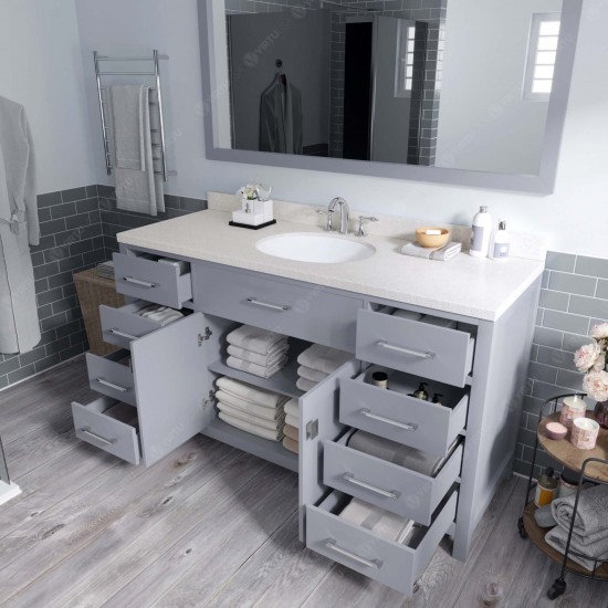 Caroline 60" Single Bath Vanity in Gray with White Quartz Top and Round Sink and Matching Mirror