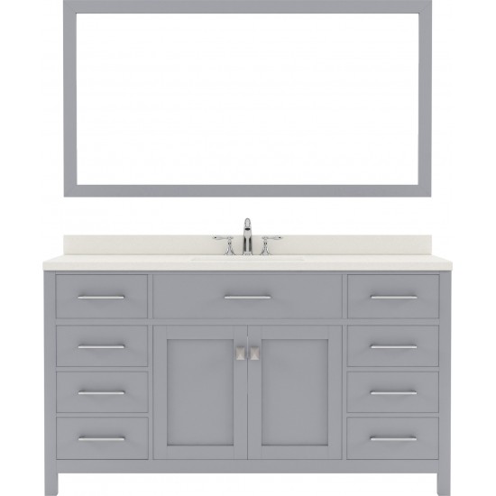 Caroline 60" Single Bath Vanity in Gray with White Quartz Top and Round Sink with Polished Chrome Faucet and Matching Mirror