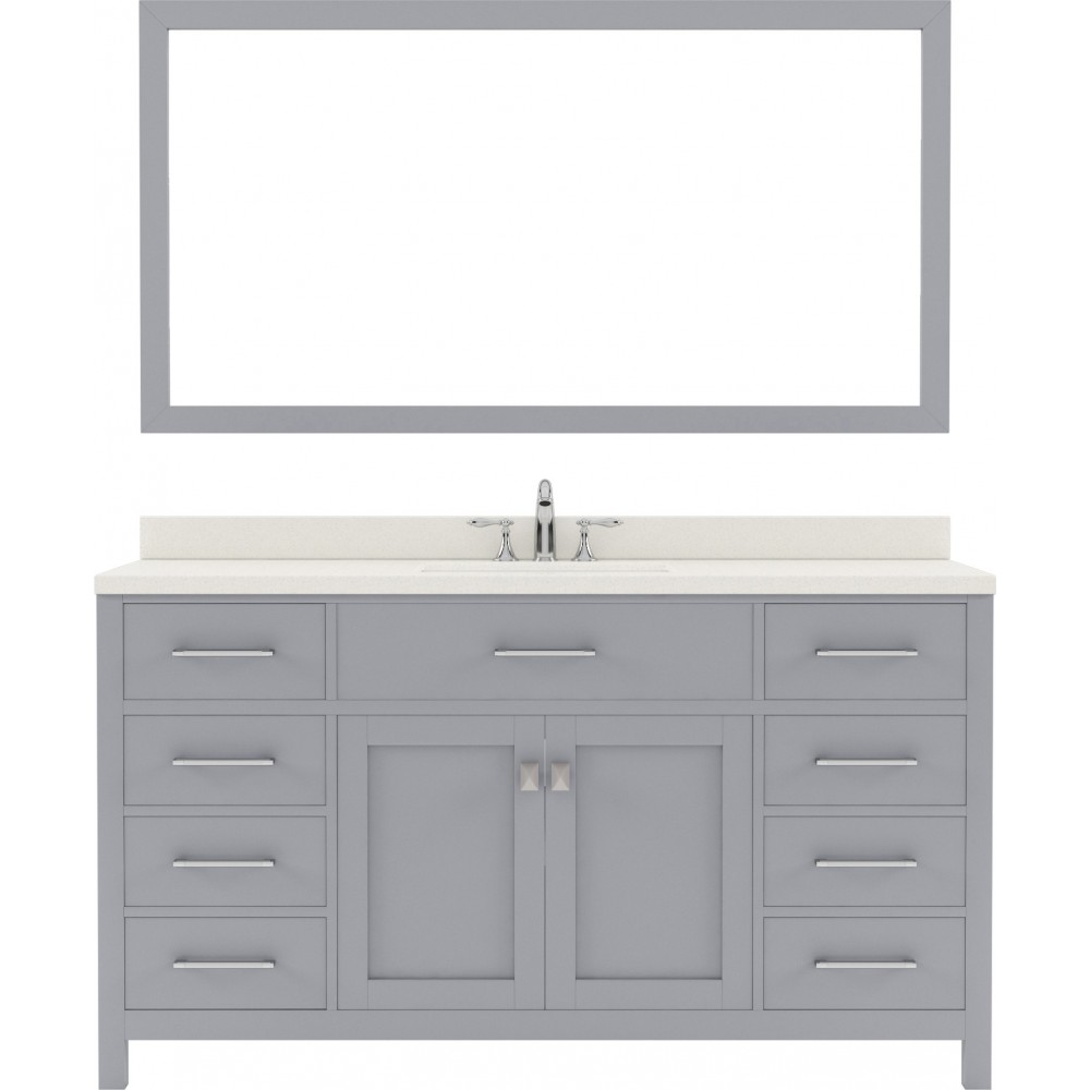 Caroline 60" Single Bath Vanity in Gray with White Quartz Top and Round Sink with Polished Chrome Faucet and Matching Mirror