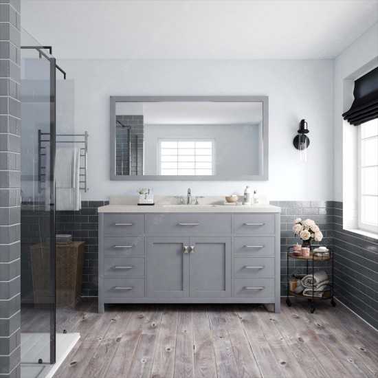 Caroline 60" Single Bath Vanity in Gray with White Quartz Top and Round Sink with Polished Chrome Faucet and Matching Mirror