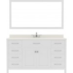 Caroline 60" Single Bath Vanity in White with White Quartz Top and Round Sink with Brushed Nickel Faucet and Matching Mirror
