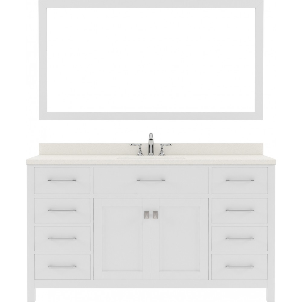 Caroline 60" Single Bath Vanity in White with White Quartz Top and Round Sink with Brushed Nickel Faucet and Matching Mirror