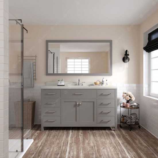 Caroline 60" Single Bath Vanity in Cashmere Gray with White Quartz Top and Square Sink with Brushed Nickel Faucet and Mirror