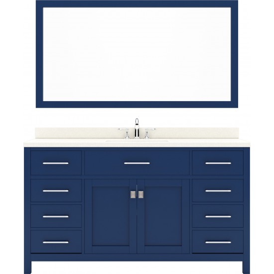 Caroline 60" Single Bath Vanity in French Blue with White Quartz Top and Square Sink and Matching Mirror