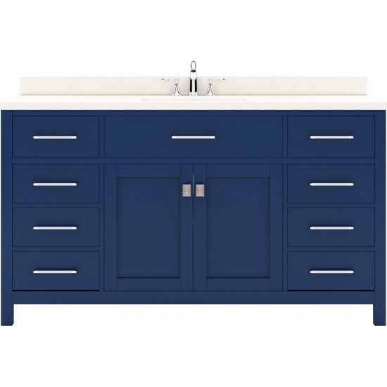 Caroline 60" Single Bath Vanity in French Blue with White Quartz Top and Square Sink